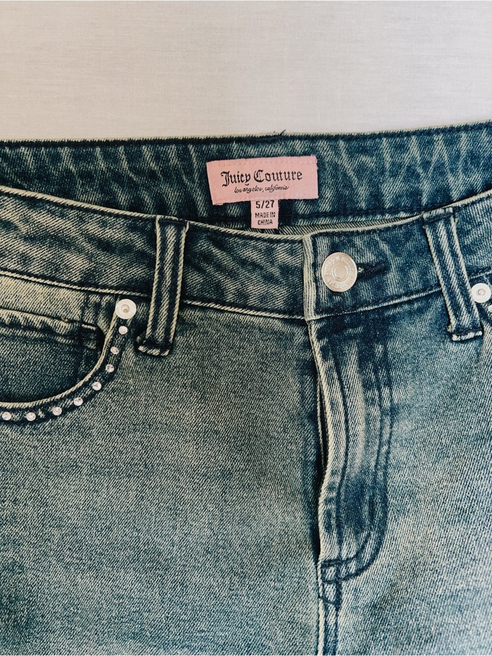 Juicy Couture Light Blue High-Rise Jeans with Rhinestone Pocket Trim
